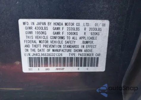 2008 Acura Tsx z USA, uszkodzony, nr VIN JH4CL96838C021326